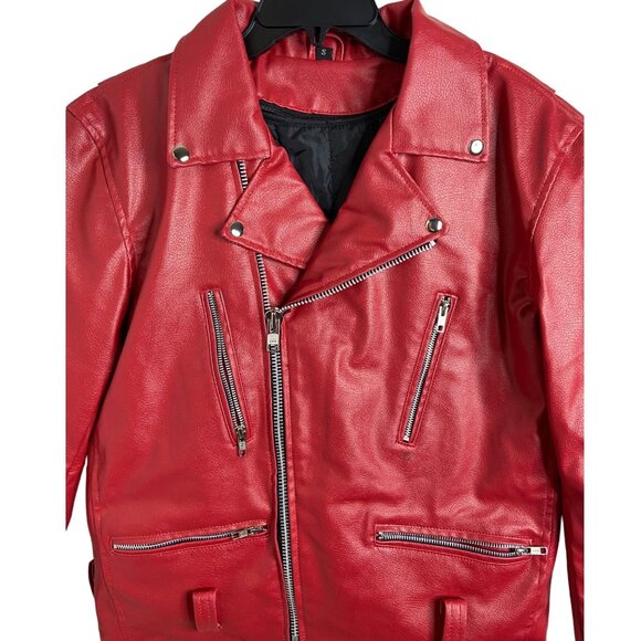 The Alley Chicago Red motorcycle Jacket Vegan Leather multi pocket small - Picture 5 of 10